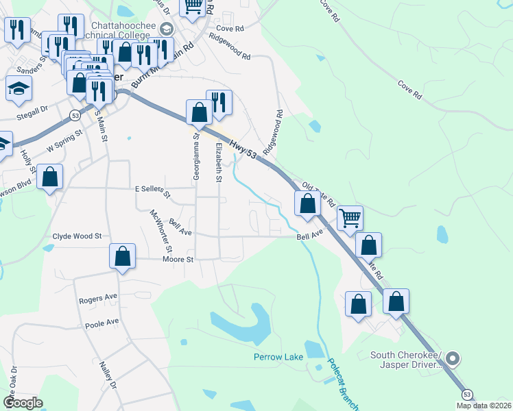 map of restaurants, bars, coffee shops, grocery stores, and more near 106 Brooks Hollow Drive in Jasper