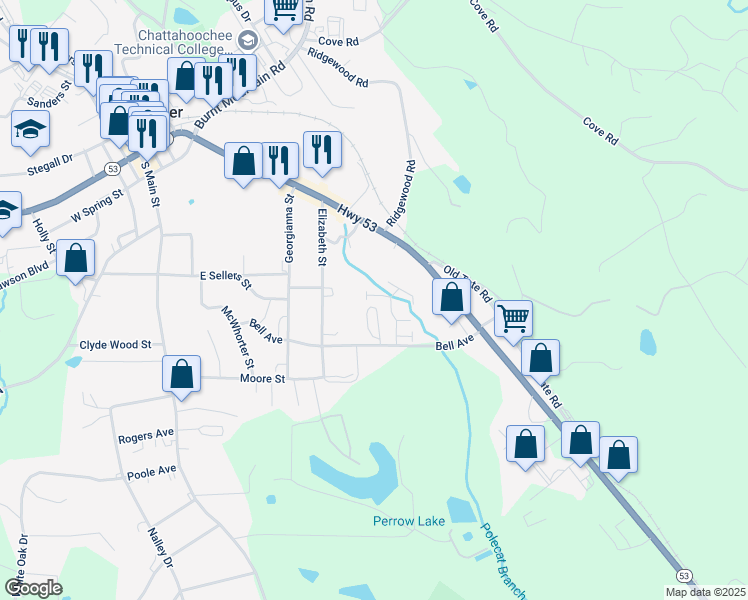 map of restaurants, bars, coffee shops, grocery stores, and more near 161 Towne Villas Drive in Jasper