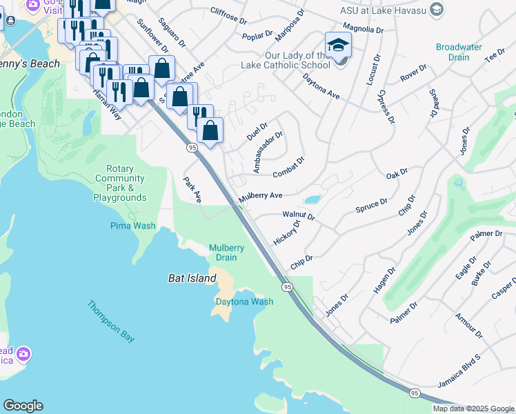 map of restaurants, bars, coffee shops, grocery stores, and more near 500 Lake Havasu Avenue in Lake Havasu City