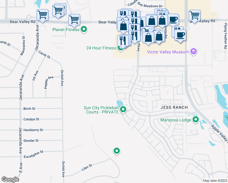 map of restaurants, bars, coffee shops, grocery stores, and more near 11636 Cascade Street in Apple Valley