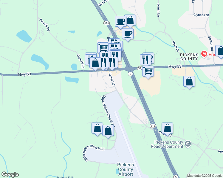 map of restaurants, bars, coffee shops, grocery stores, and more near 3989 Camp Road in Jasper