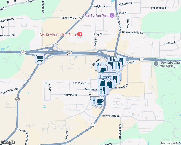 map of restaurants, bars, coffee shops, grocery stores, and more near 222 Files Road in Hot Springs