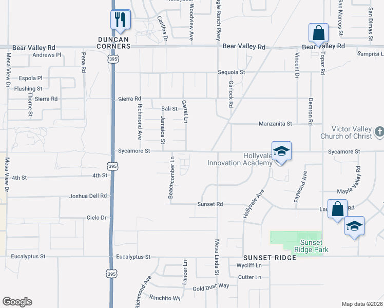 map of restaurants, bars, coffee shops, grocery stores, and more near 12415 Sycamore Street in Victorville