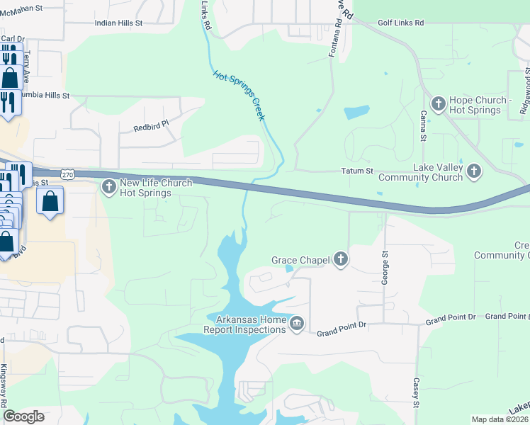 map of restaurants, bars, coffee shops, grocery stores, and more near 110 Brodrick Lane in Hot Springs