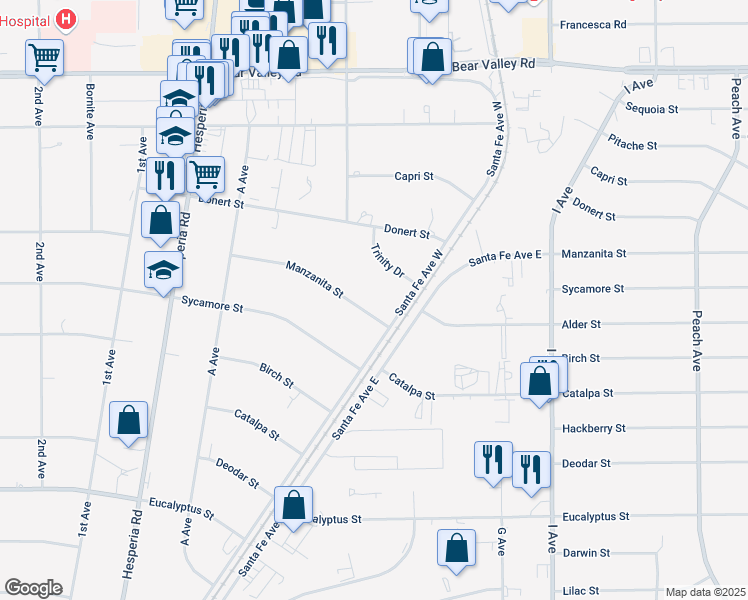 map of restaurants, bars, coffee shops, grocery stores, and more near 17334 Manzanita Street in Hesperia
