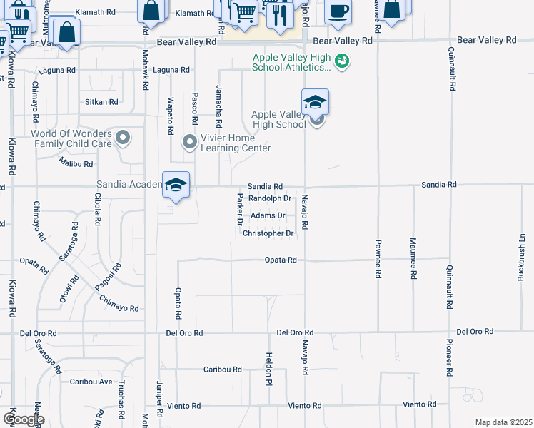 map of restaurants, bars, coffee shops, grocery stores, and more near 21621 Sandia Road in Apple Valley
