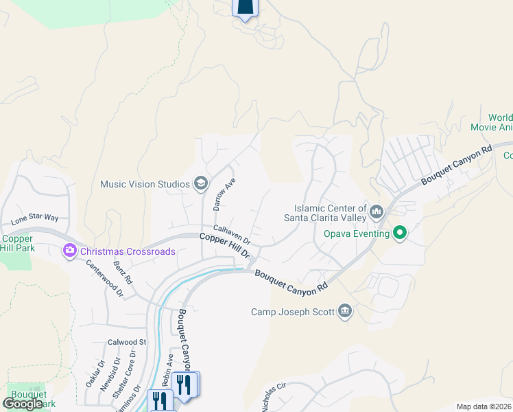 map of restaurants, bars, coffee shops, grocery stores, and more near 28763 Park Woodland Place in Santa Clarita
