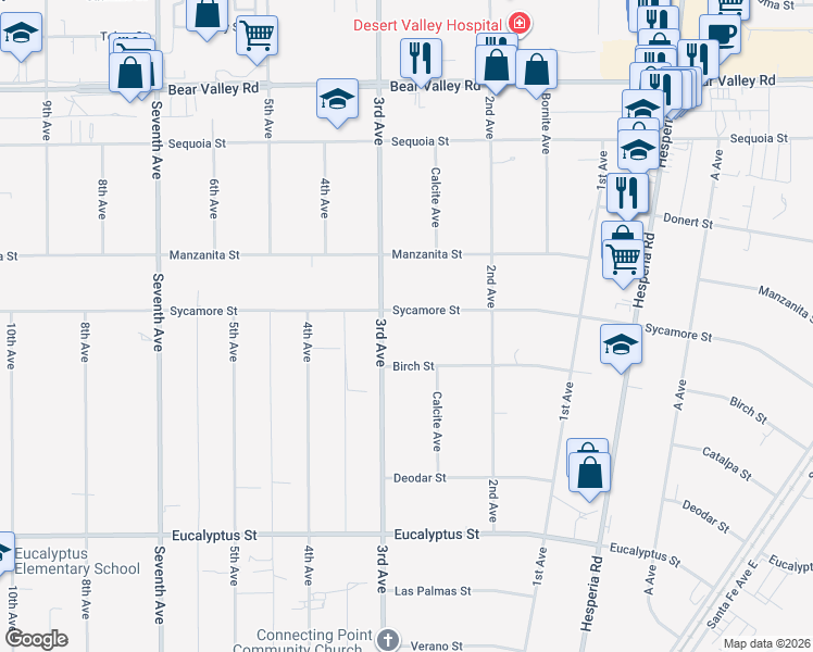 map of restaurants, bars, coffee shops, grocery stores, and more near 11615 3rd Avenue in Hesperia