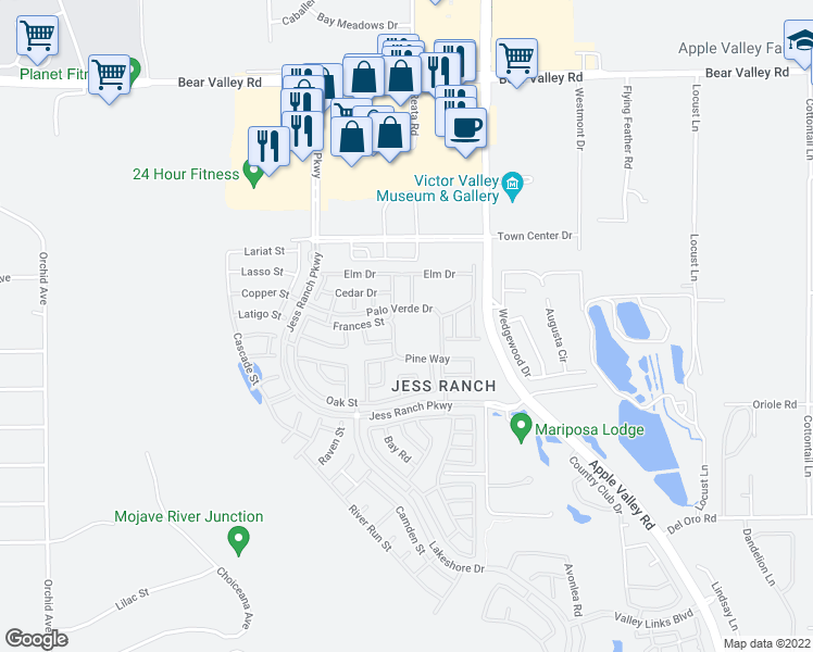 map of restaurants, bars, coffee shops, grocery stores, and more near 11601 Ash Street in Apple Valley