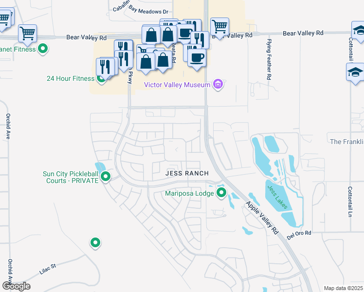 map of restaurants, bars, coffee shops, grocery stores, and more near 19165 Palo Verde Drive in Apple Valley