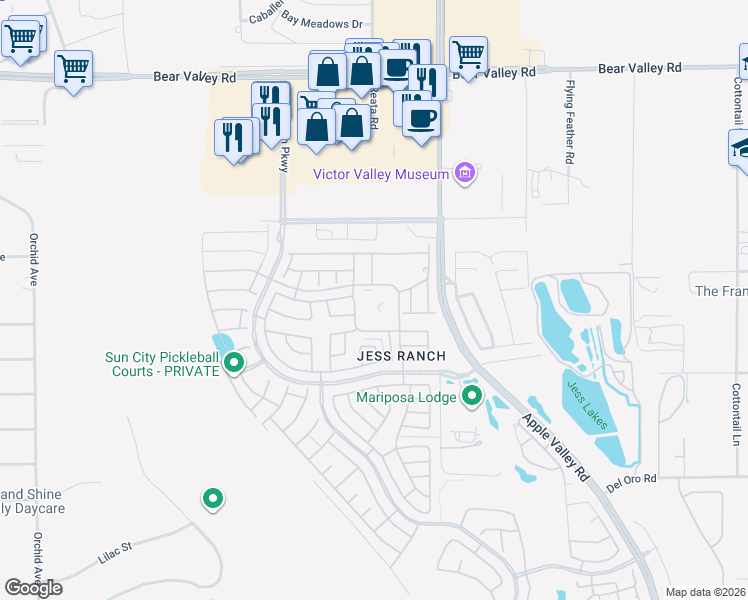 map of restaurants, bars, coffee shops, grocery stores, and more near 19111 Palo Verde Drive in Apple Valley
