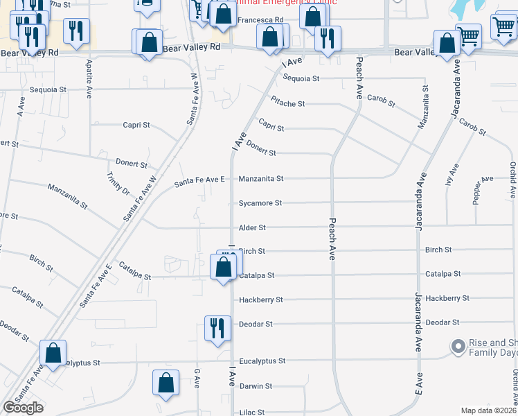 map of restaurants, bars, coffee shops, grocery stores, and more near 17771 Sycamore Street in Hesperia