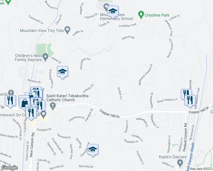 map of restaurants, bars, coffee shops, grocery stores, and more near 28443 Hidden Hills Drive in Santa Clarita
