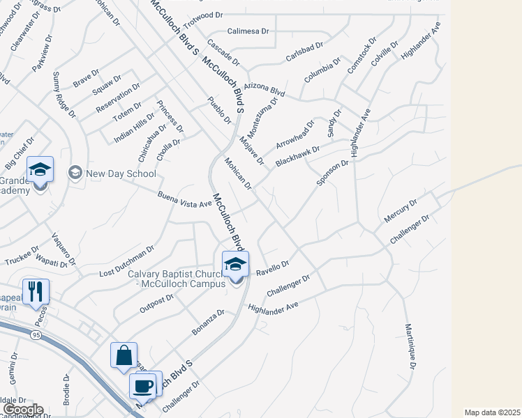 map of restaurants, bars, coffee shops, grocery stores, and more near 1513 Mohican Drive in Lake Havasu City