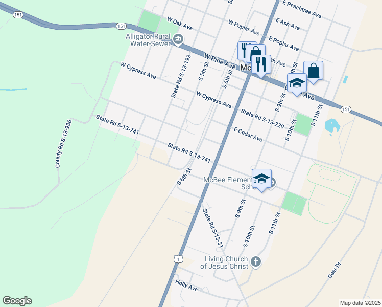 map of restaurants, bars, coffee shops, grocery stores, and more near 507 South 6th Street in McBee