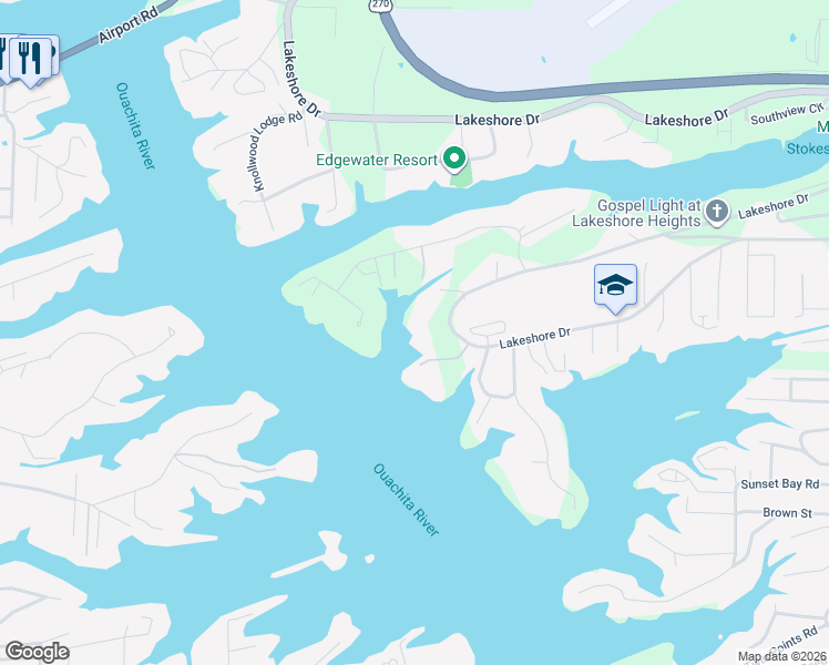 map of restaurants, bars, coffee shops, grocery stores, and more near 1241 Lakeshore Drive in Hot Springs