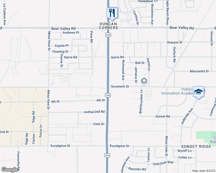 map of restaurants, bars, coffee shops, grocery stores, and more near Sycamore Street in Victorville