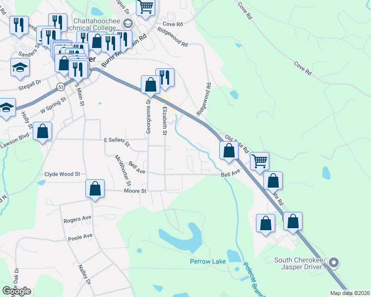 map of restaurants, bars, coffee shops, grocery stores, and more near 106 Brooks Hollow Drive in Jasper