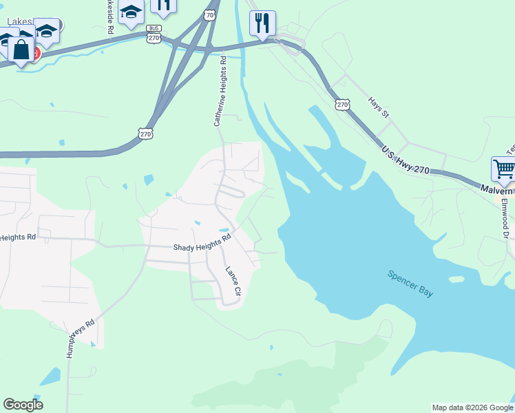 map of restaurants, bars, coffee shops, grocery stores, and more near 880 Shady Heights Road in Garland County