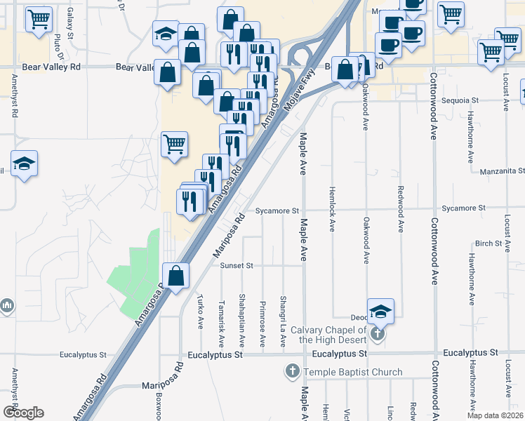 map of restaurants, bars, coffee shops, grocery stores, and more near Sycamore Street in Hesperia