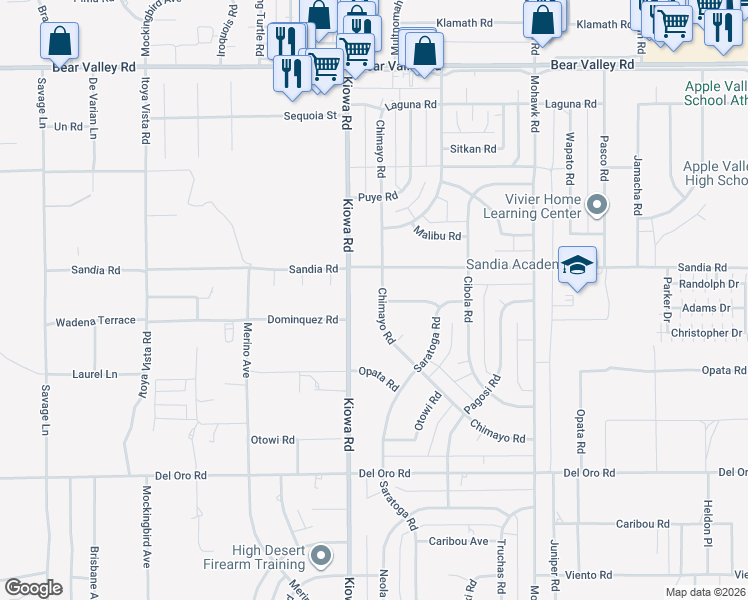 map of restaurants, bars, coffee shops, grocery stores, and more near 11644 Chimayo Road in Apple Valley