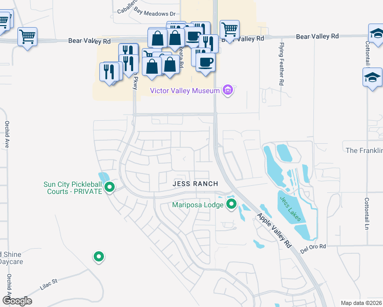 map of restaurants, bars, coffee shops, grocery stores, and more near 19261 Palo Verde Drive in Apple Valley