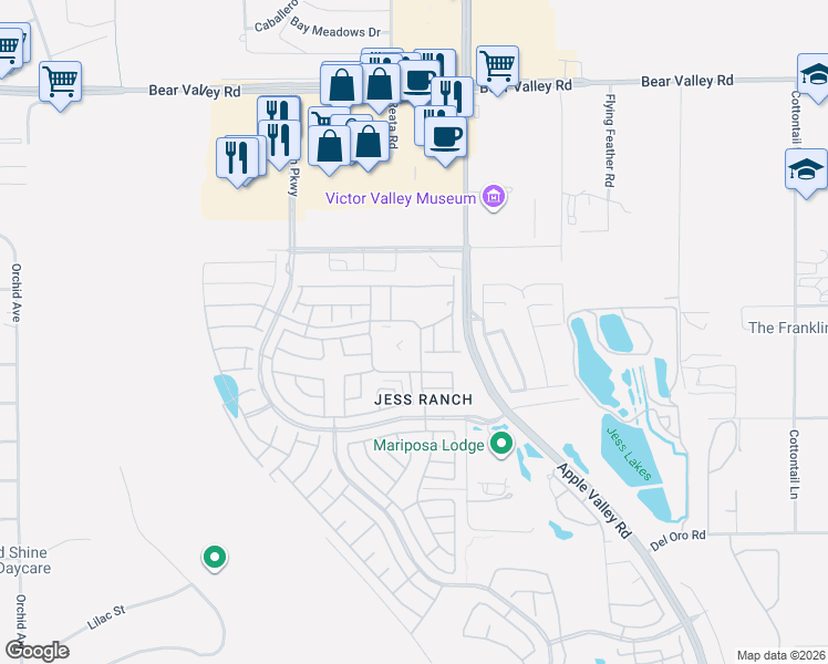 map of restaurants, bars, coffee shops, grocery stores, and more near 19199 Palo Verde Drive in Apple Valley
