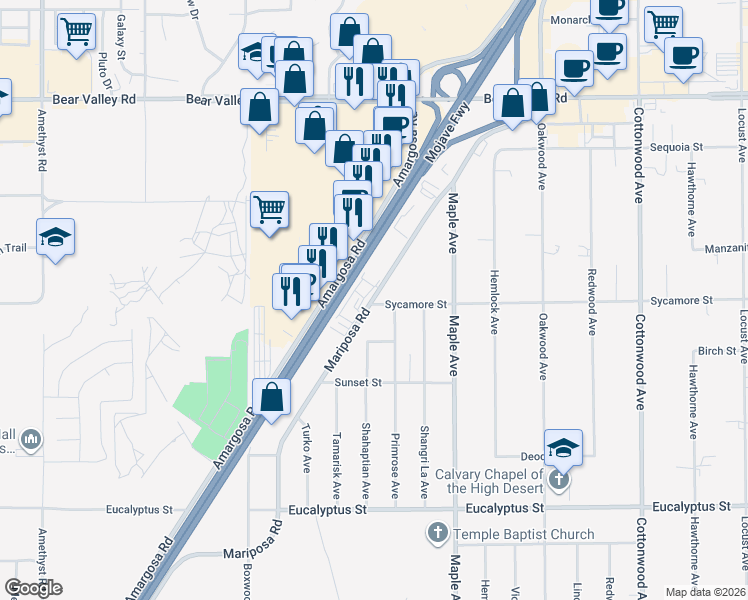 map of restaurants, bars, coffee shops, grocery stores, and more near Sycamore Street in Hesperia