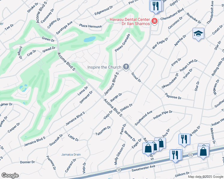 map of restaurants, bars, coffee shops, grocery stores, and more near 2654 Jamaica Boulevard South in Lake Havasu City