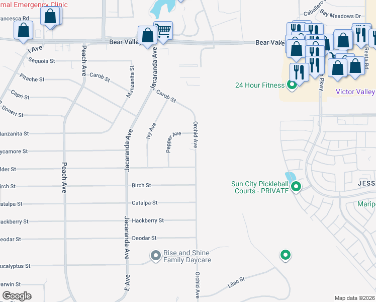 map of restaurants, bars, coffee shops, grocery stores, and more near 11666 Orchid Avenue in Hesperia