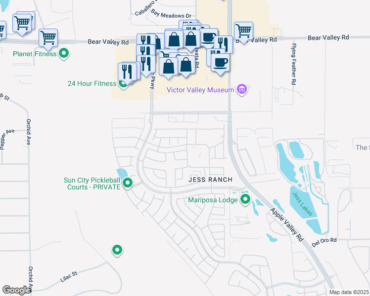 map of restaurants, bars, coffee shops, grocery stores, and more near 19144 Frances Street in Apple Valley