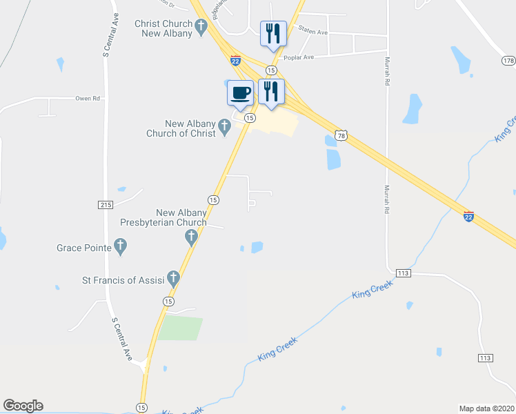 map of restaurants, bars, coffee shops, grocery stores, and more near 900 Kings Creek Road in New Albany