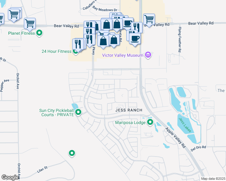 map of restaurants, bars, coffee shops, grocery stores, and more near 19144 Frances Street in Apple Valley