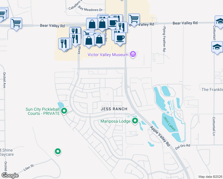 map of restaurants, bars, coffee shops, grocery stores, and more near 19229 Palo Verde Drive in Apple Valley