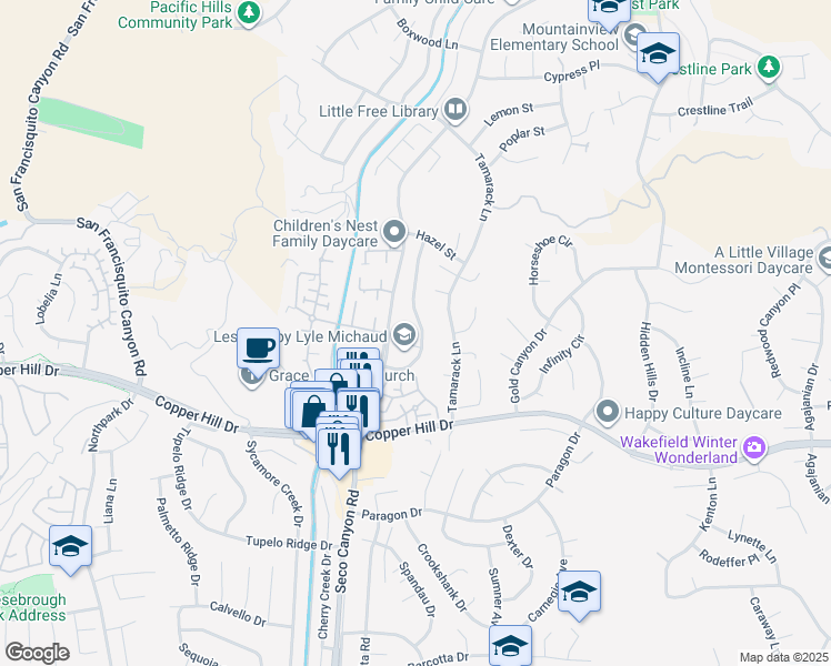map of restaurants, bars, coffee shops, grocery stores, and more near 28321 North Evergreen Lane in Santa Clarita