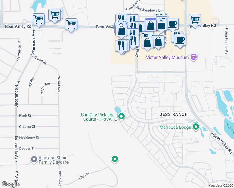 map of restaurants, bars, coffee shops, grocery stores, and more near 18861 Latigo Street in Apple Valley