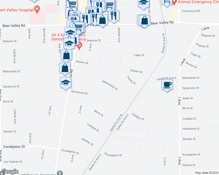 map of restaurants, bars, coffee shops, grocery stores, and more near 17239 Manzanita Street in Hesperia