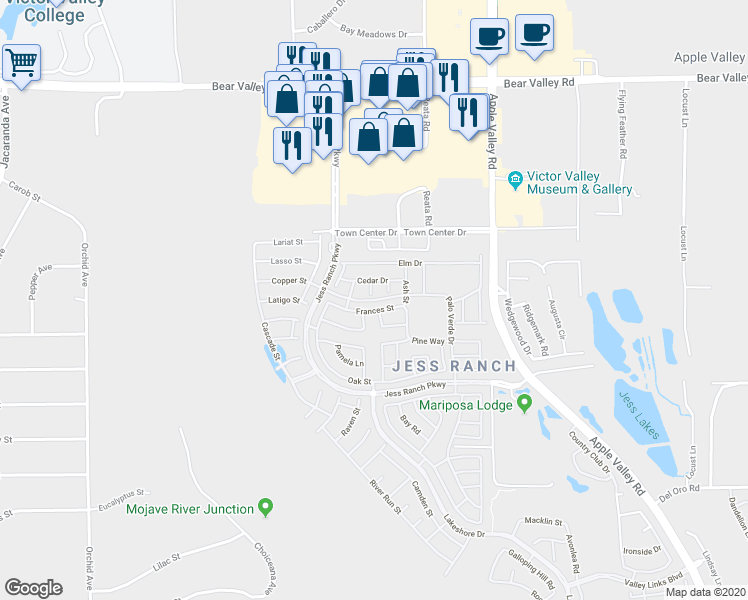 map of restaurants, bars, coffee shops, grocery stores, and more near 19030 Palo Verde Drive in Apple Valley