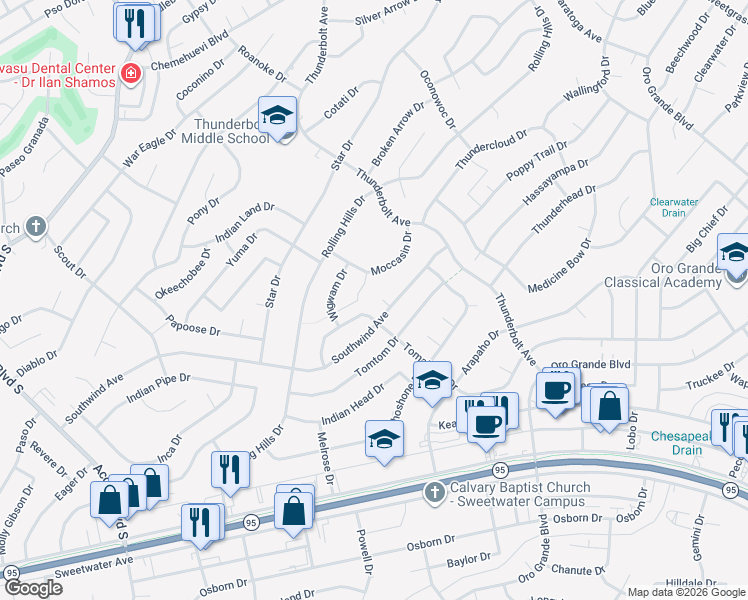 map of restaurants, bars, coffee shops, grocery stores, and more near 3124 Moccasin Drive in Lake Havasu City