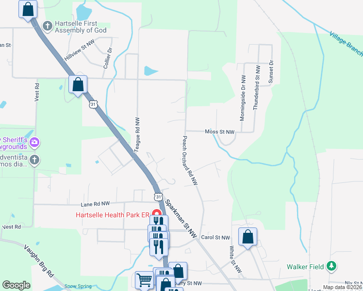 map of restaurants, bars, coffee shops, grocery stores, and more near 1847 Peach Orchard Road Northwest in Hartselle