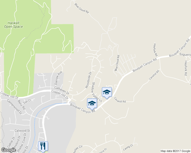 map of restaurants, bars, coffee shops, grocery stores, and more near Shadow Valley Lane in Los Angeles County