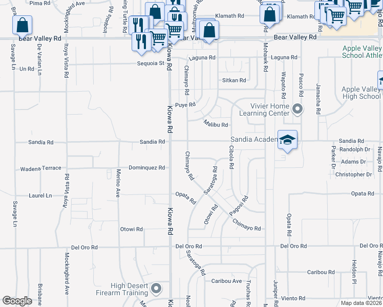 map of restaurants, bars, coffee shops, grocery stores, and more near 20990 Chama Road in Apple Valley