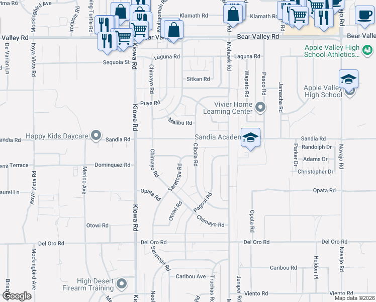 map of restaurants, bars, coffee shops, grocery stores, and more near 11630 Saratoga Road in Apple Valley