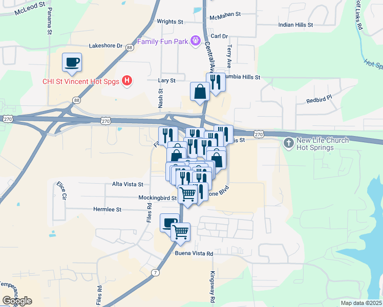 map of restaurants, bars, coffee shops, grocery stores, and more near 3812 Central Avenue in Hot Springs