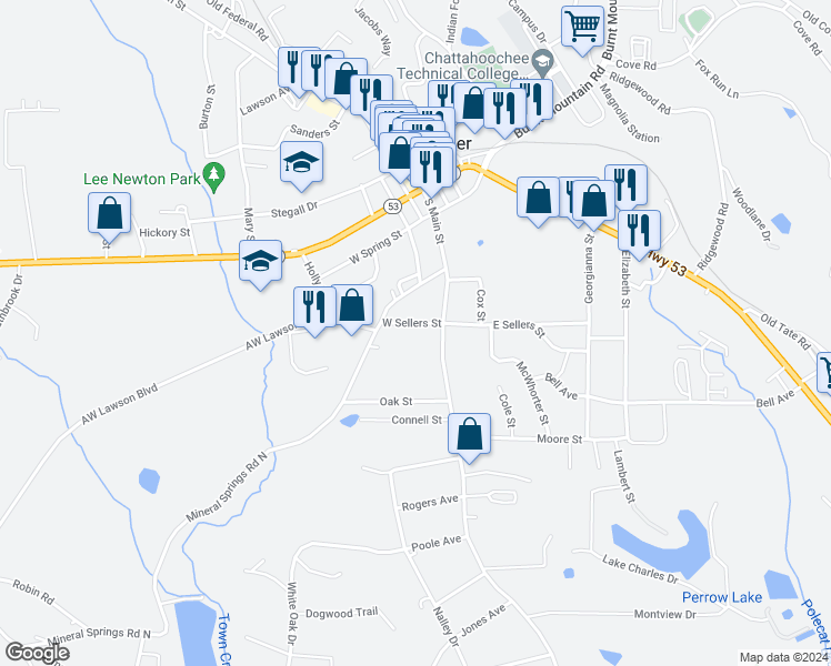 map of restaurants, bars, coffee shops, grocery stores, and more near 72 West Sellers Street in Jasper