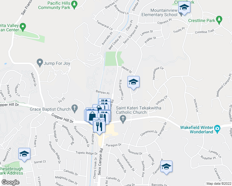 map of restaurants, bars, coffee shops, grocery stores, and more near 22732 Pear Court in Santa Clarita