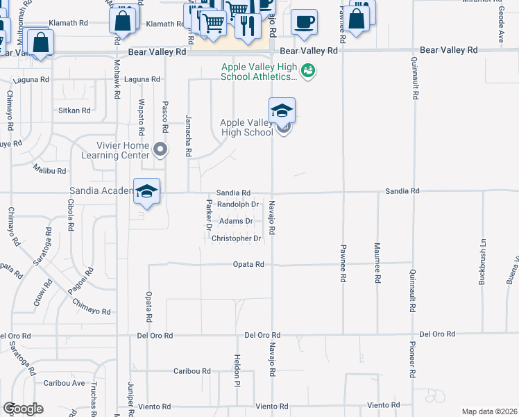 map of restaurants, bars, coffee shops, grocery stores, and more near 21653-21699 Sandia Road in Apple Valley