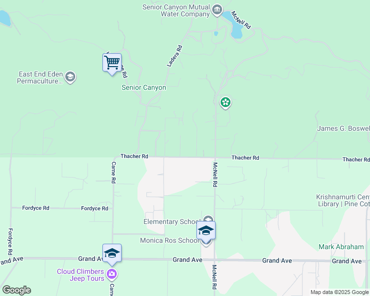 map of restaurants, bars, coffee shops, grocery stores, and more near 3541 Thacher Road in Ojai