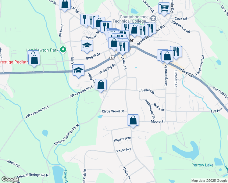 map of restaurants, bars, coffee shops, grocery stores, and more near 72 West Sellers Street in Jasper