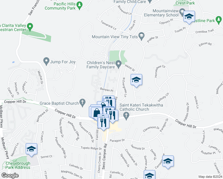 map of restaurants, bars, coffee shops, grocery stores, and more near 22815 Banyan Place in Santa Clarita